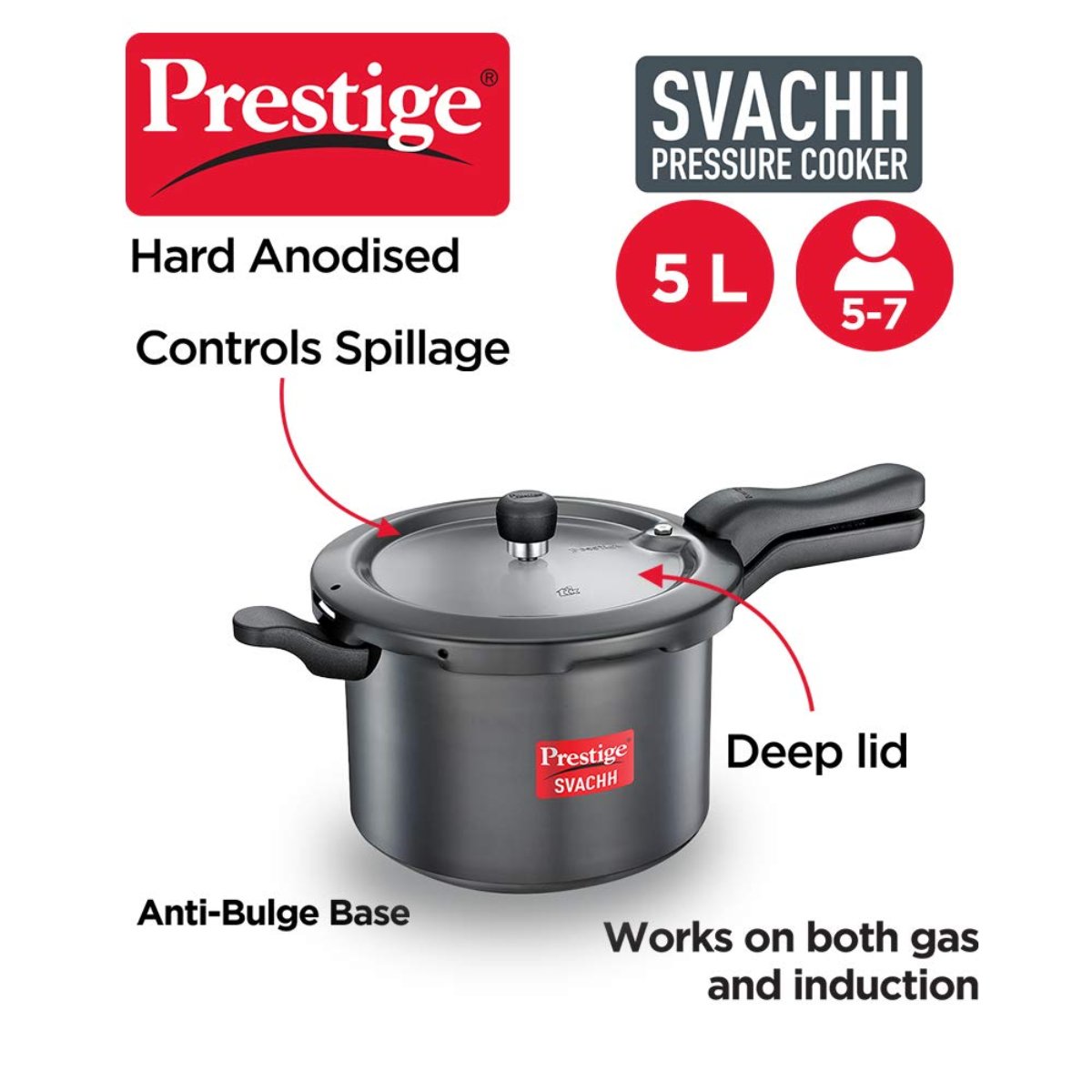 Prestige Svachh Hard Anodised 5L Outer Lid, Pressure Cooker, Black - 20224