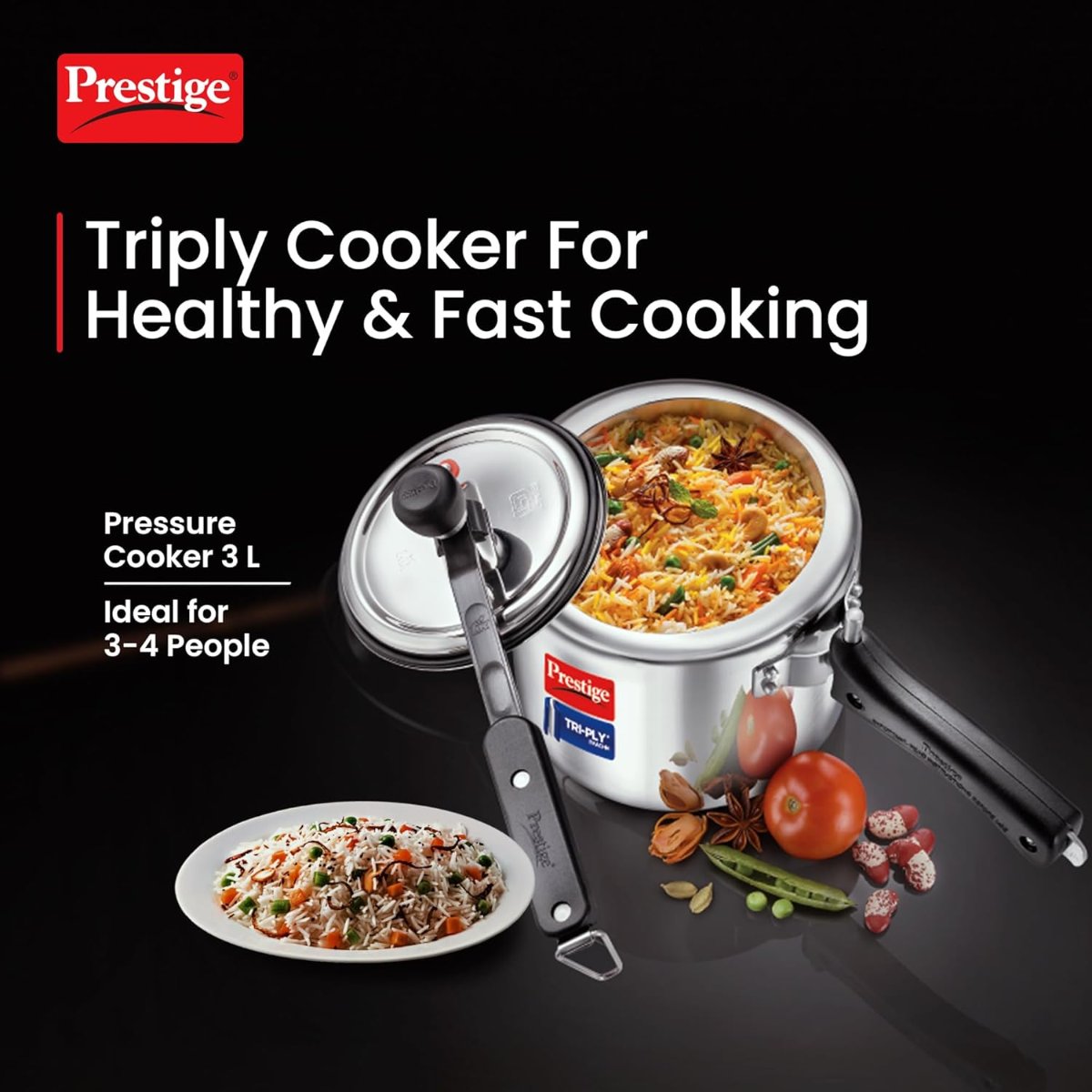 Prestige Triply Svachh Inner Lid, 3 Liter Pressure Cooker, Silver - 20714