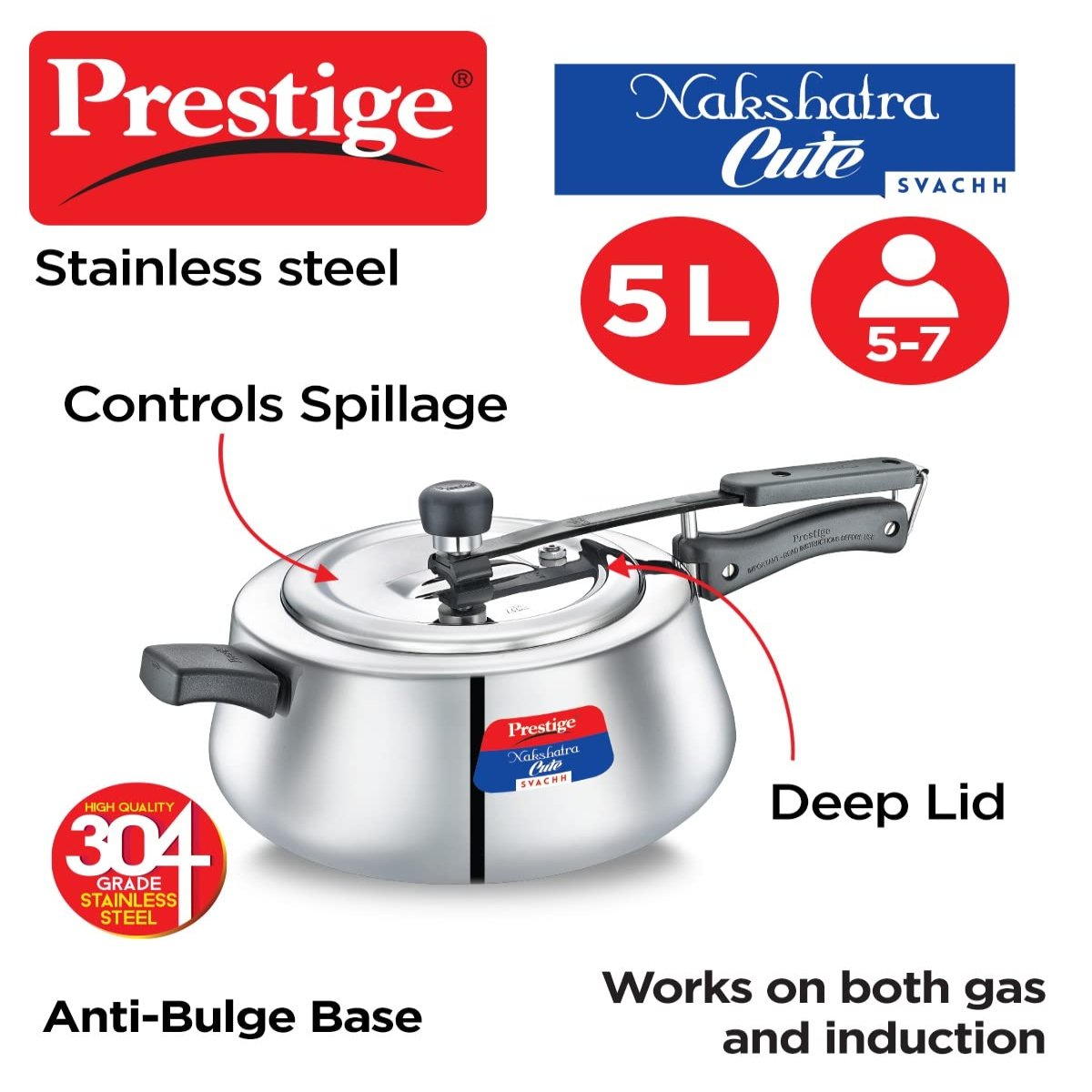 Prestige Nakshatra Cute Svachh Stainless Steel 5 Liter Pressure Cooker 20149