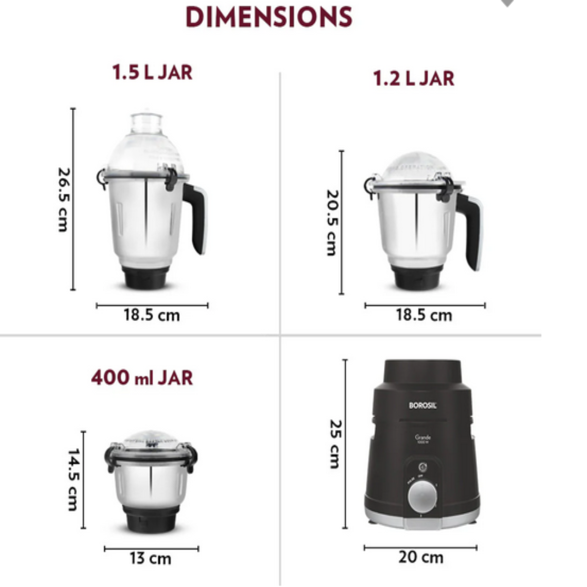 Borosil Grande 1000 Watts Mixer Grinder with 3 Jars & Copper Motor - HAMG01