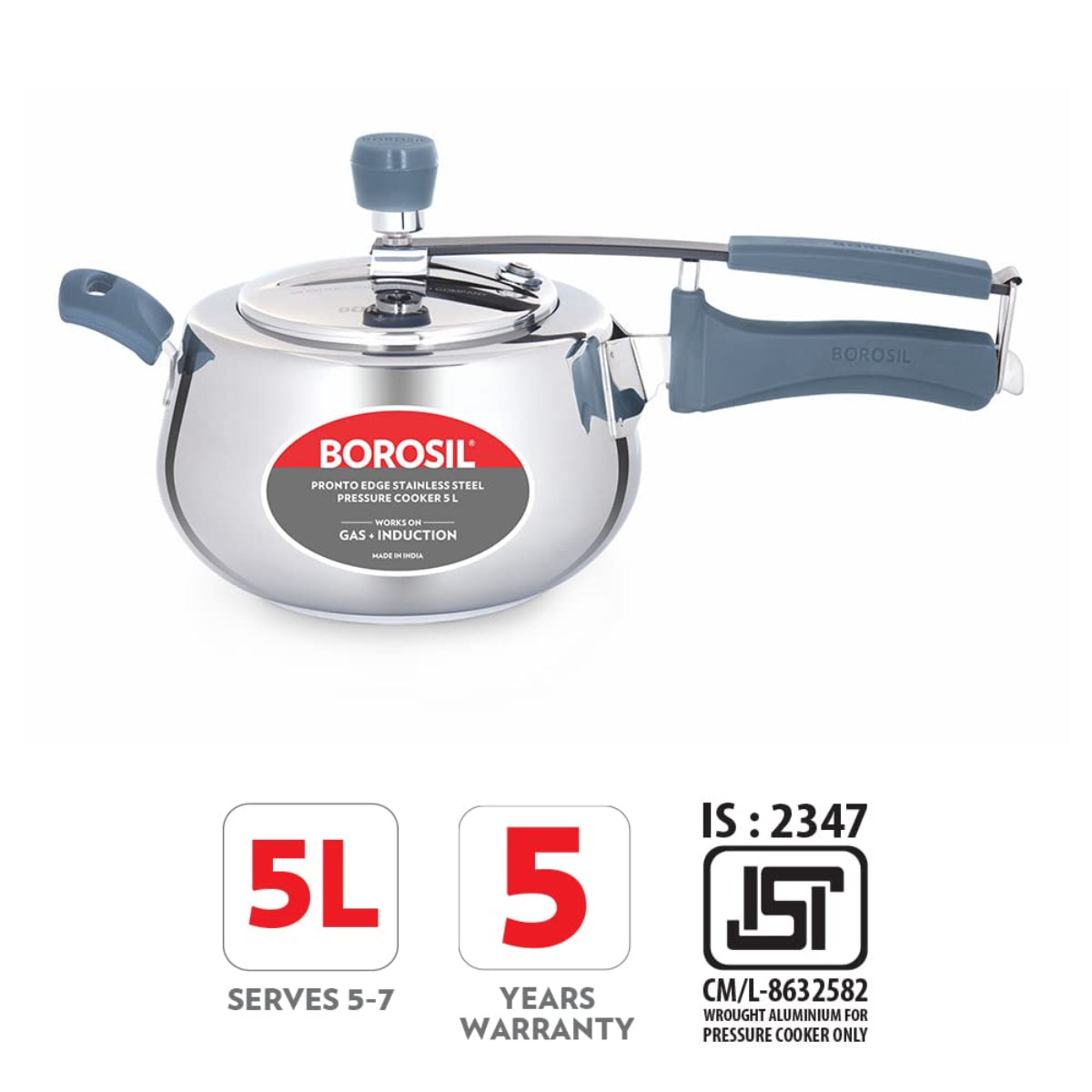 Borosil Pronto Edge Stainless Steel 5 Liter Pressure Cooker, Induction - CFPC5LSS09