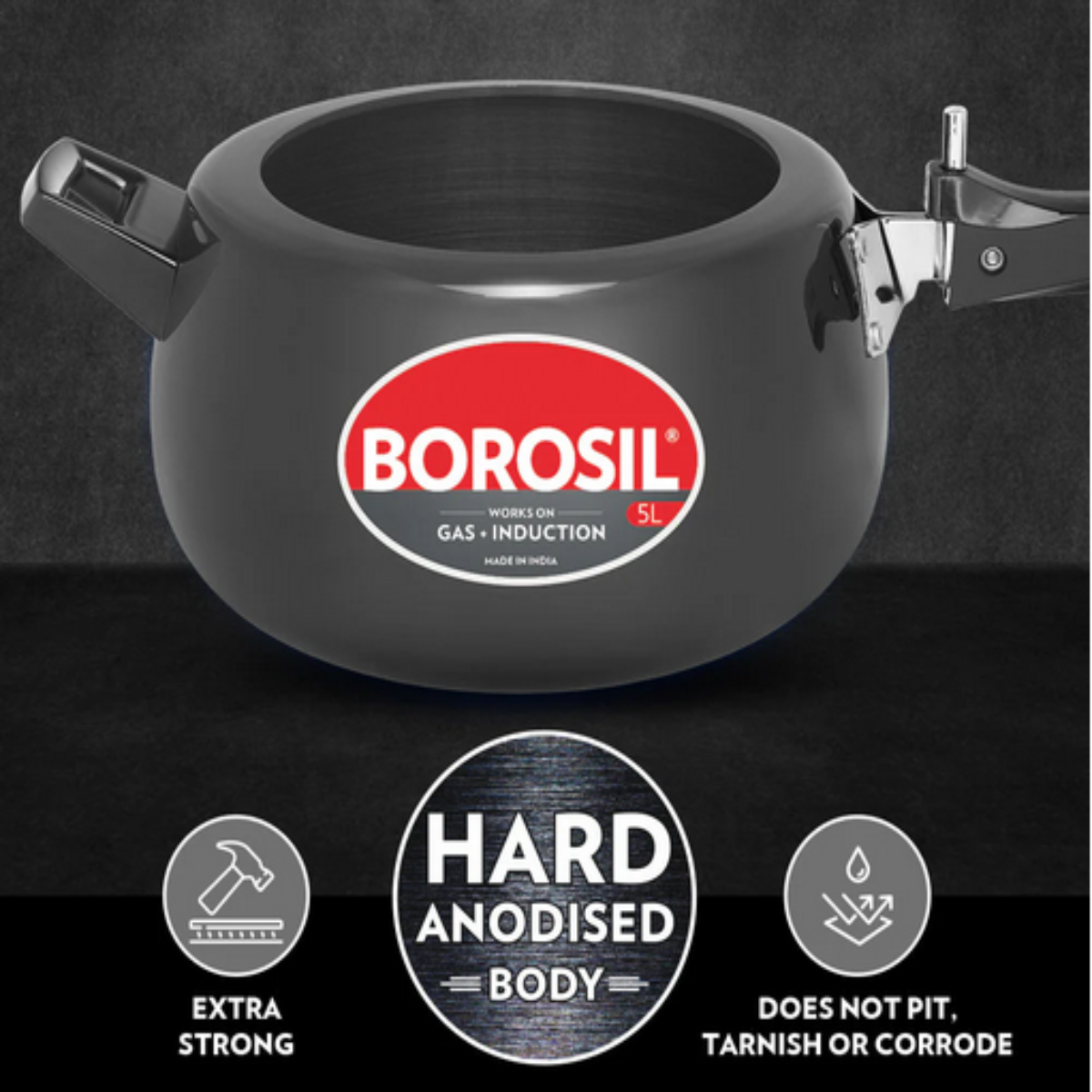 Borosil Pronto Hard Anodised SS Lid 3L Pressure Cooker, Induction Base - HAPRON03PC02