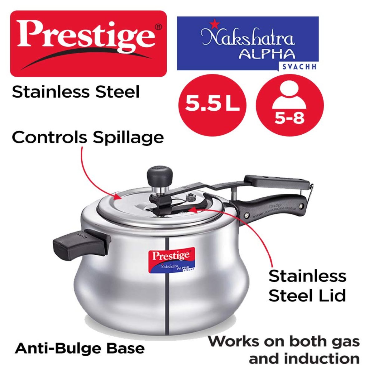 Prestige Svachh Nakshatra Alpha Stainless Steel 5.5 Liter Handi Pressure Cooker, Silver - 20258