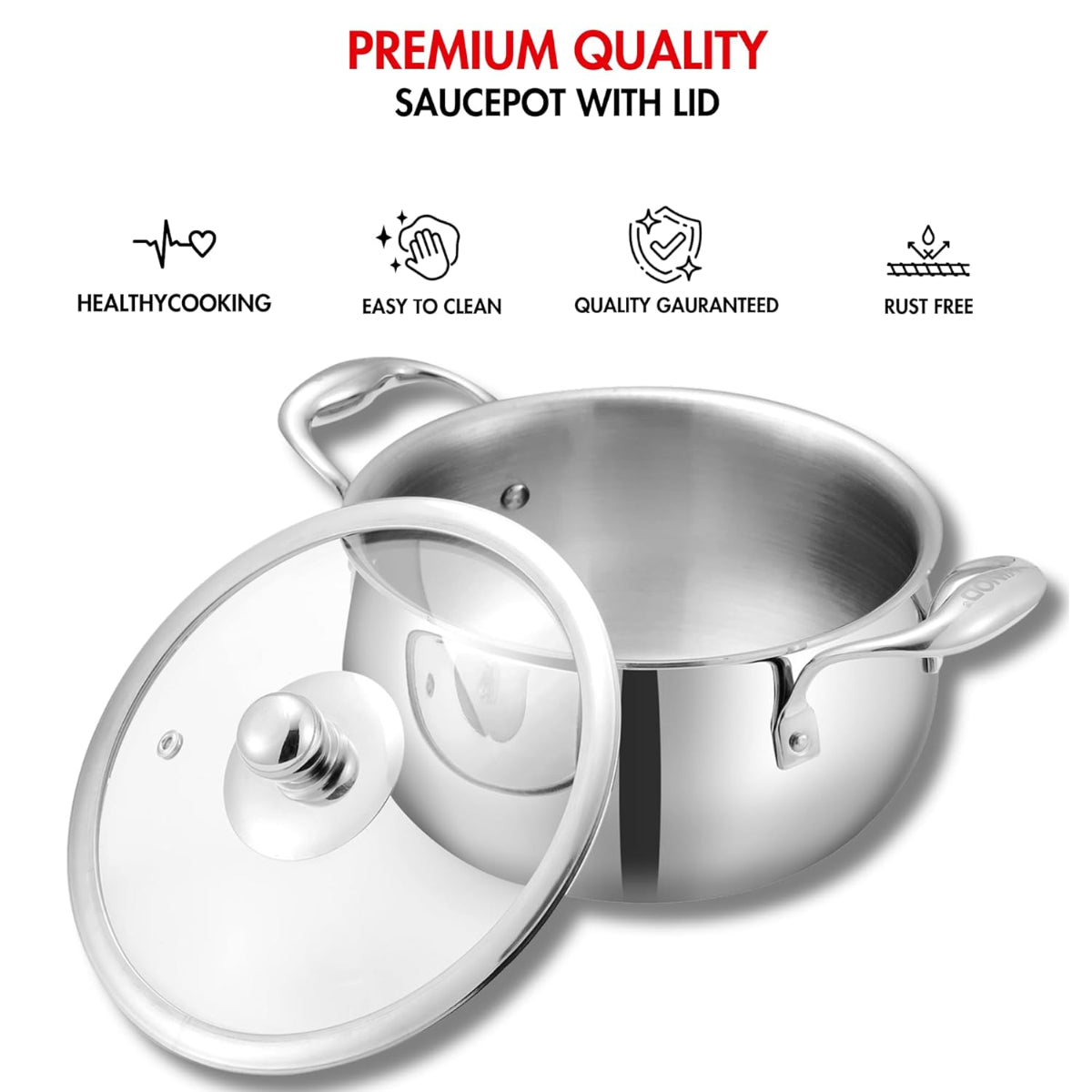 Vinod Platinum Triply Stainless Steel Medium Belly Saucepot With Glass Lid 2.5 Liter | Induction Base, Silver - PSOM18
