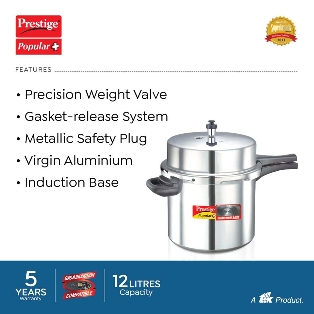 Prestige Popular Plus Virgin Aluminium Outer Lid 12 Liter Pressure Cooker - 10210