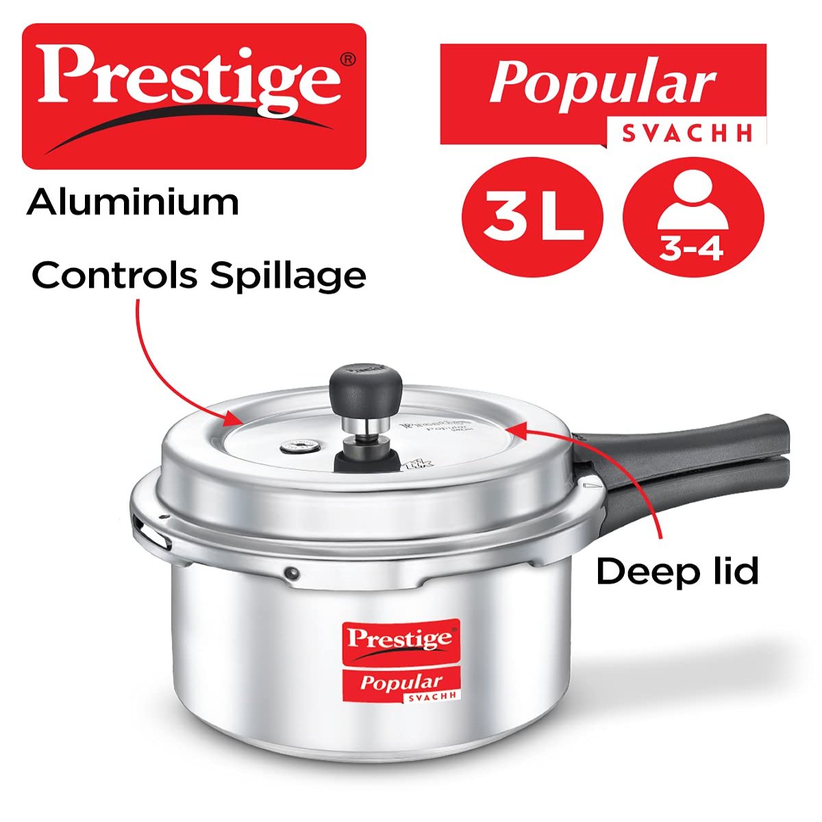 Prestige Popular Svachh Aluminium Outer Lid 3 Liter Pressure Cooker, Silver - 10165