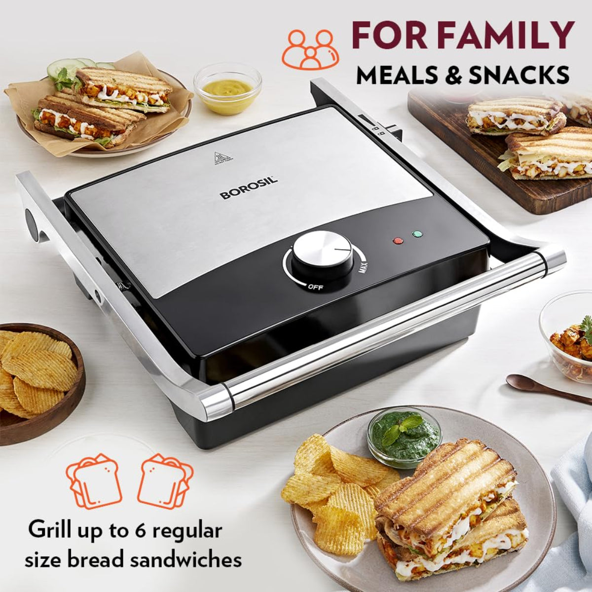 Borosil Mega Jumbo 2000W Grill Sandwich Maker | Opens 180°, 6 Sandwiches - BSM01