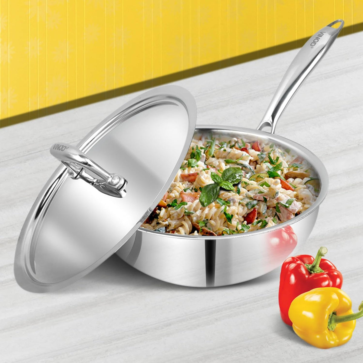 Vinod Platinum Triply Stainless Steel Deep Frypan with Stainless Steel Lid 22 cm | Induction Friendly, Silver -  PTDF22
