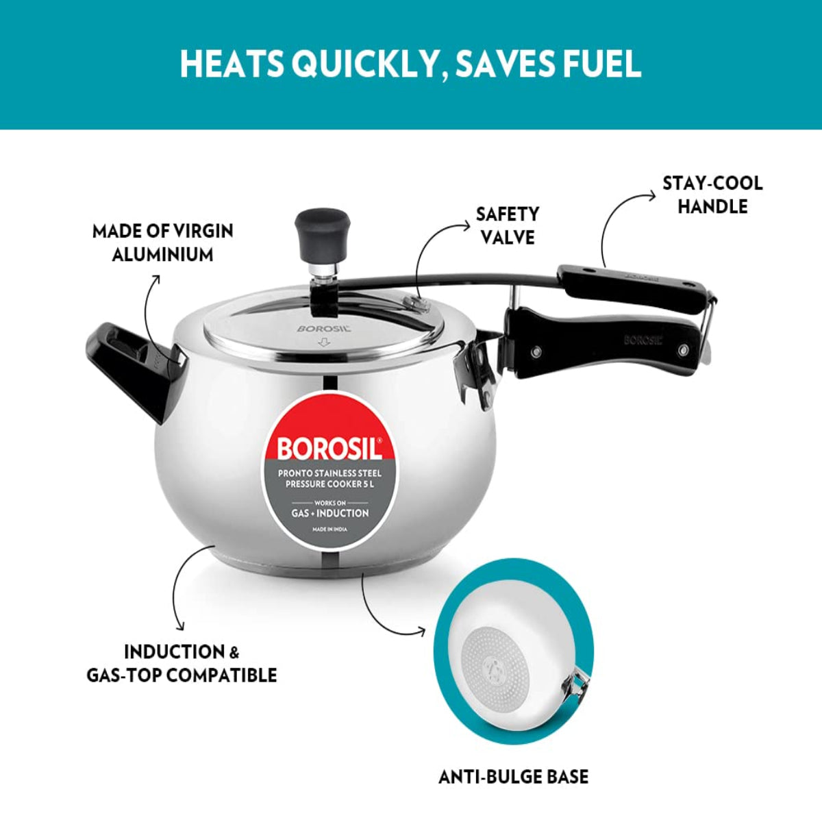 Borosil Pronto Stainless Steel 5 Liter Pressure Cooker, Induction - CFPC5LSH04S