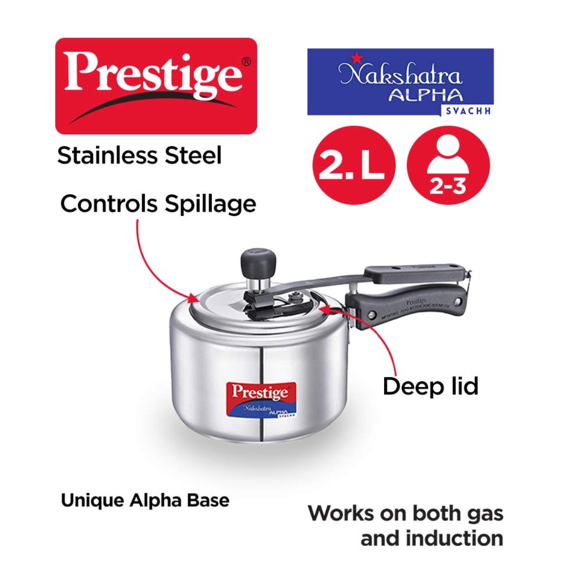 Prestige Svachh Nakshatra Alpha Stainless Steel 2 Liter Pressure Cooker, Silver - 20244