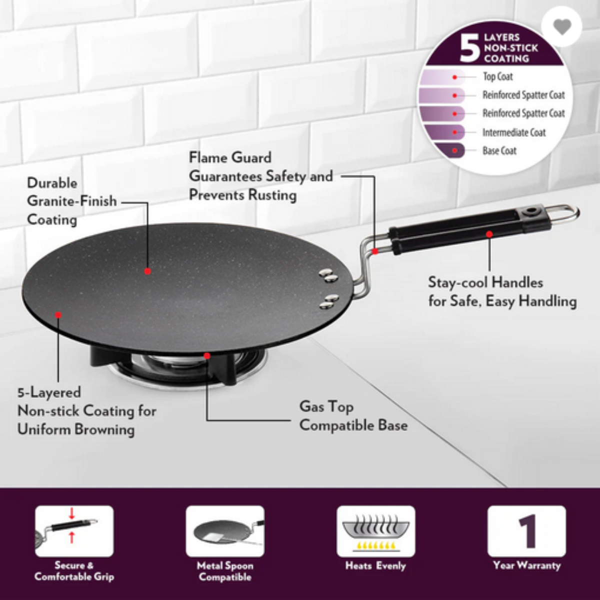 Borosil Granito Nonstick Concave Tawa 28 cm - NSCT28GR06