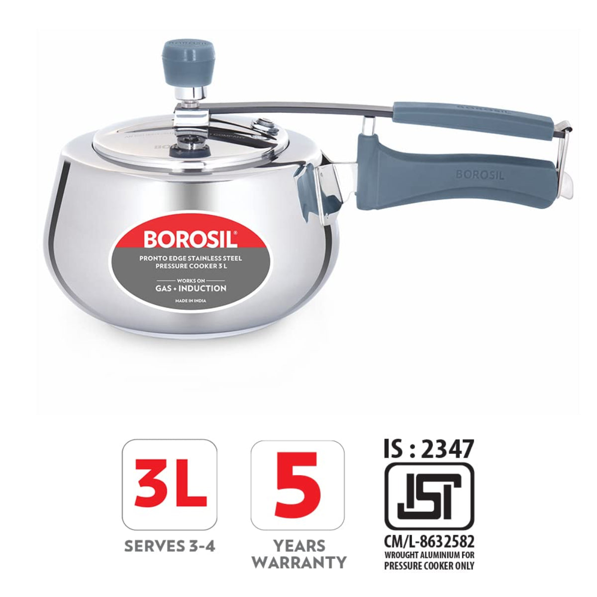Borosil Pronto Edge Stainless Steel 3 Liter Pressure Cooker, Induction - CFPC3LSS08
