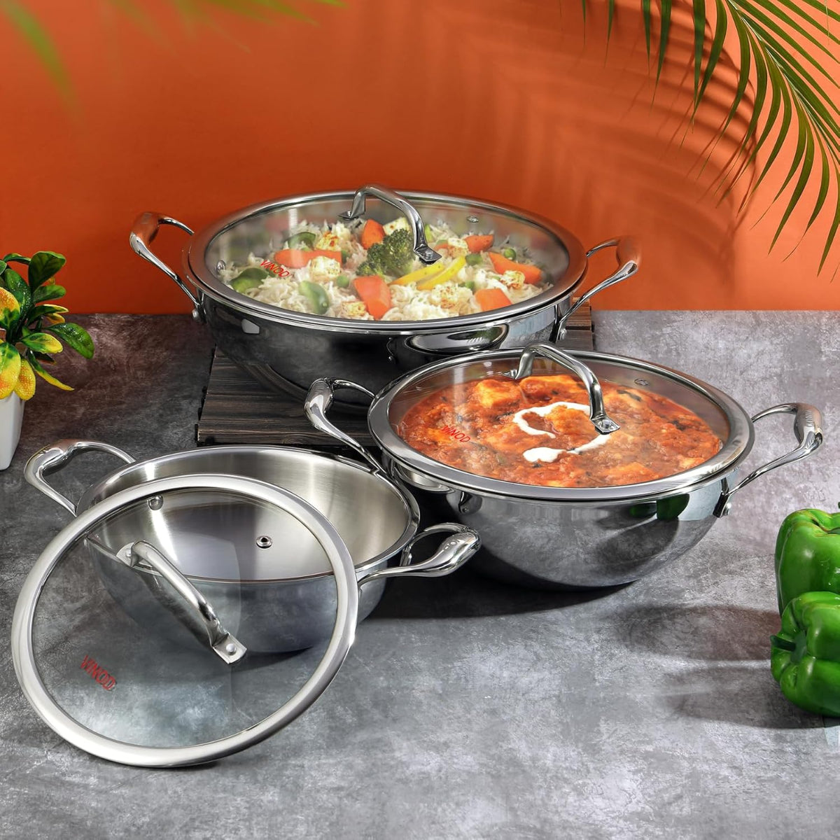 Vinod Platinum Triply Stainless Steel Extra Deep Kadhai With Glass Lid 1.8L (20 cm) Induction Base - EDPTKD20GL