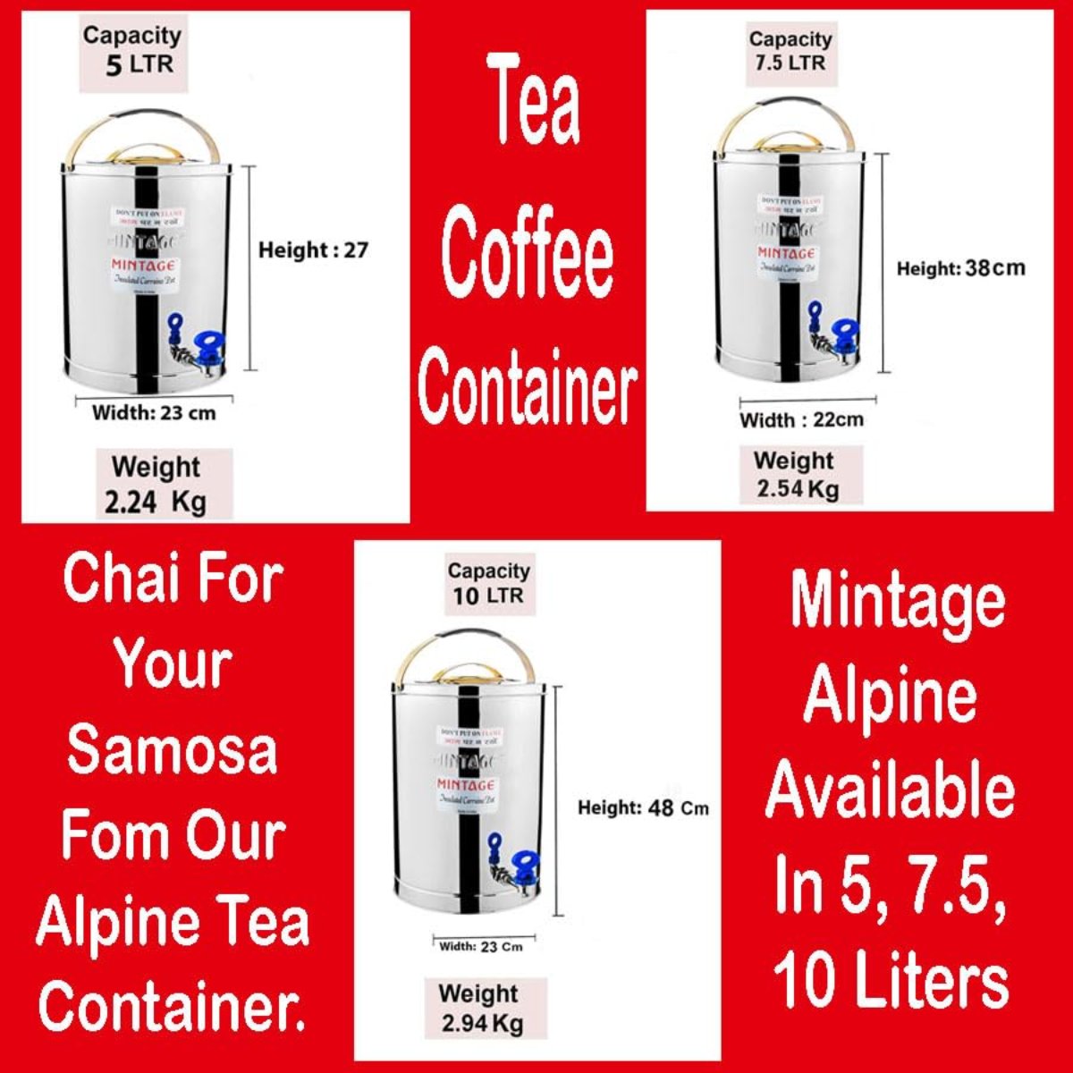 Mintage 10L Hot & Cold Tea Container Sleek Alpine With Golden Lid - TCA-10