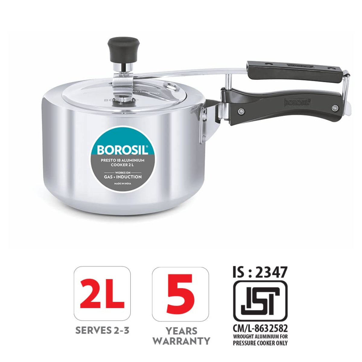 Borosil Presto Aluminum 2 Liter Inner Lid Pressure Cooker, Induction Base - CFPC2LAL01