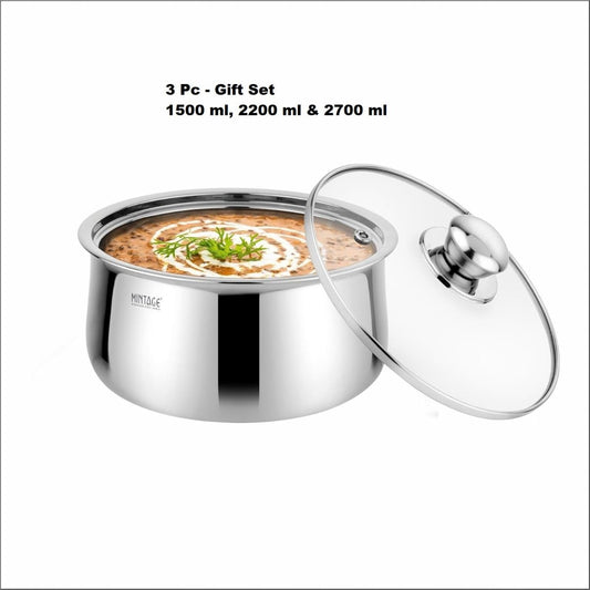 Mintage Stainless Steel 3 Pc Gift Set - Casserole Riva With Glass Lid - CRGG-03