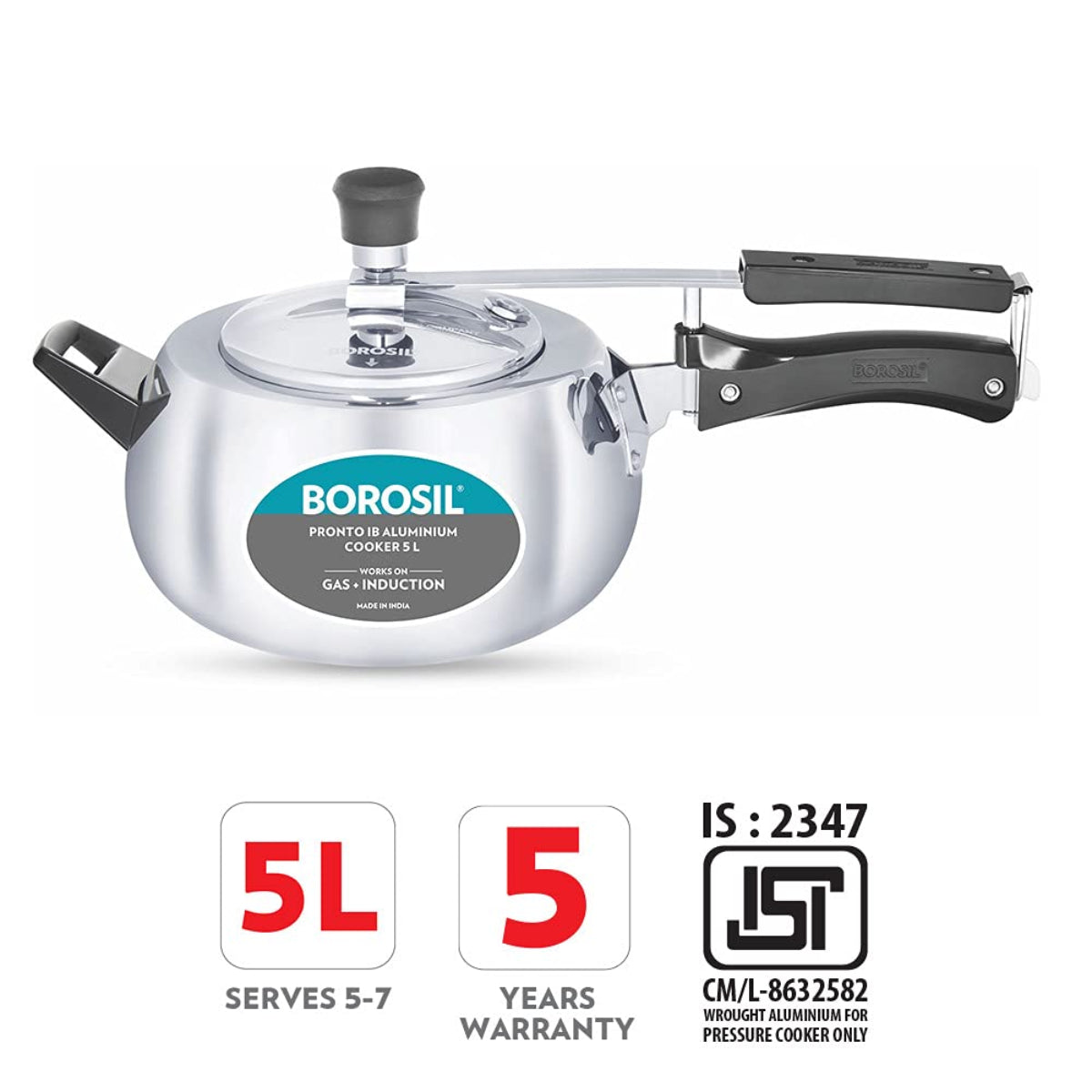 Borosil Pronto Aluminum 5 Liter Inner Lid Pressure Cooker, Induction Base - CFPC5LAL07