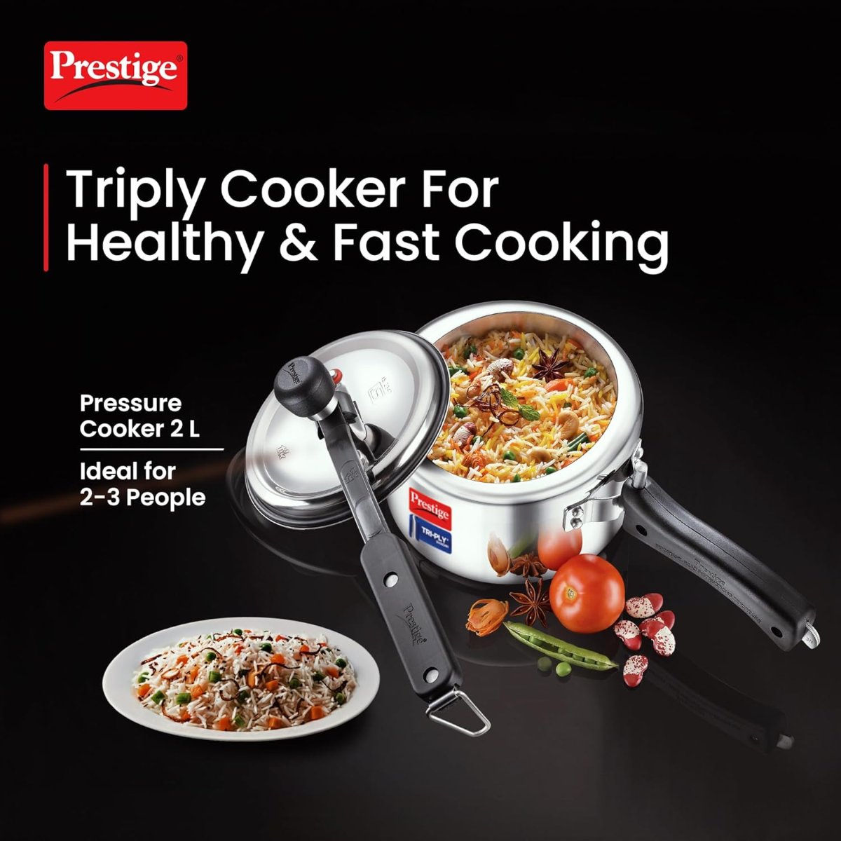 Prestige Triply Svachh Inner Lid, 2 Liter Pressure Cooker, Silver - 20717