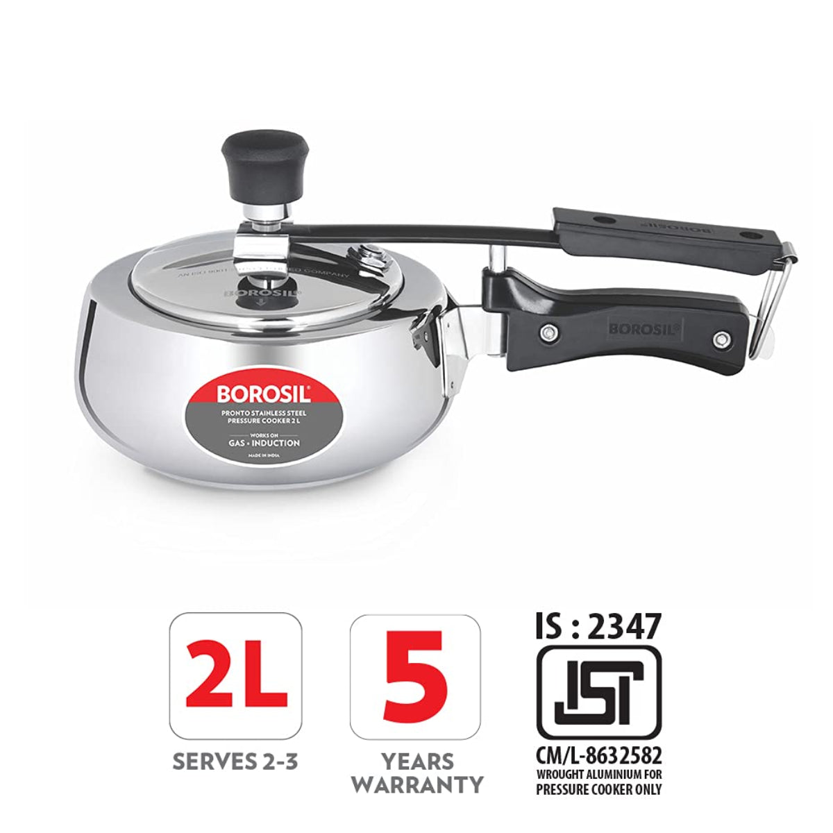 Borosil Pronto Stainless Steel 2 Liter Pressure Cooker, Induction - CFPC2LSS06