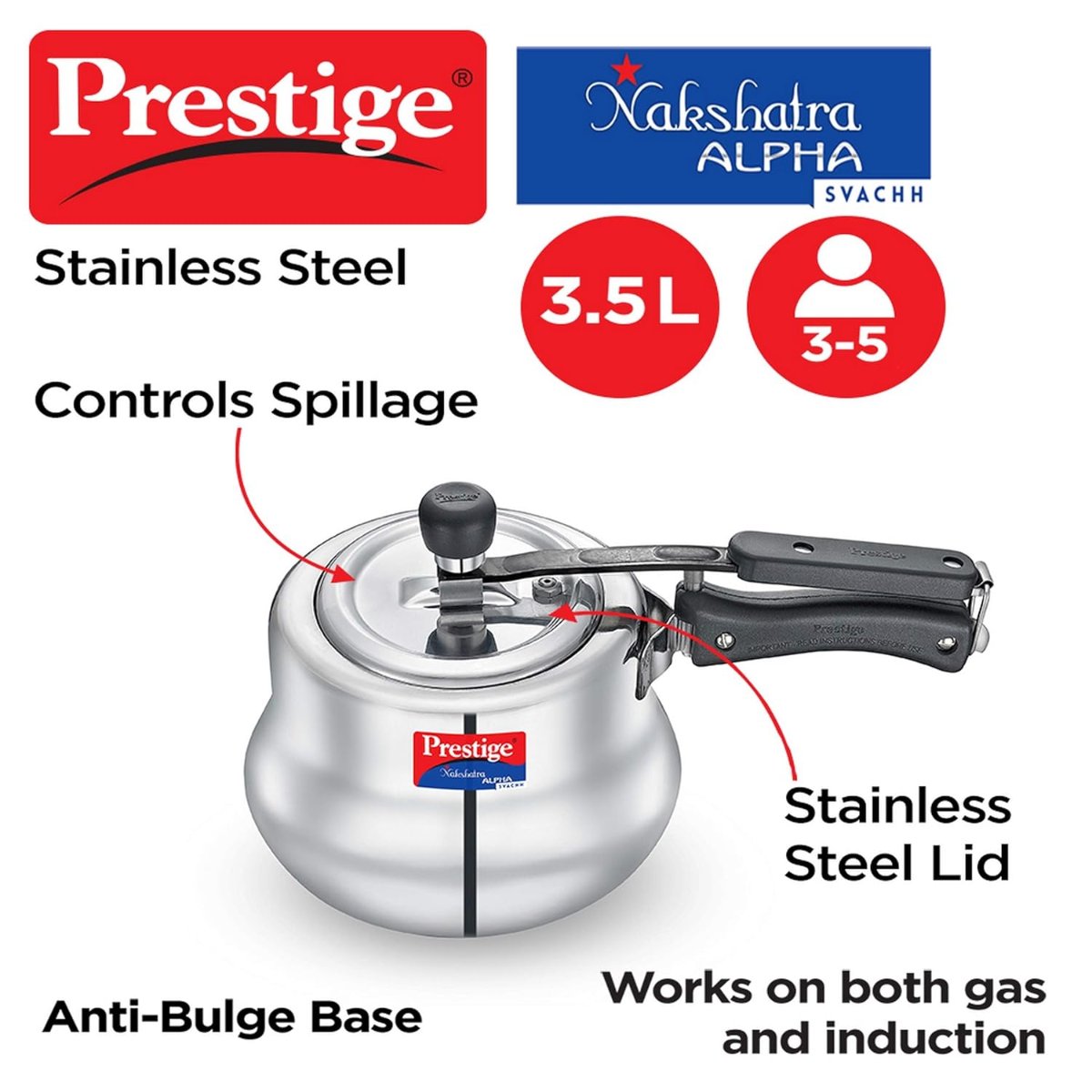 Prestige Svachh Nakshatra Alpha Stainless Steel 3.5 Liter Handi Pressure Cooker, Silver - 20257