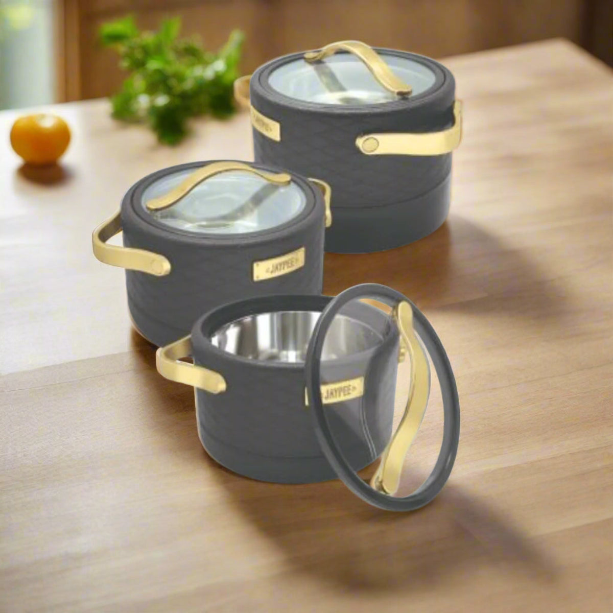 Jaypee Luxura Klass Set of 3 Insulated Inner Stainless Steel Casserole with Glass Lid Lockable | 1500+2000+2500 ml - BPA Free