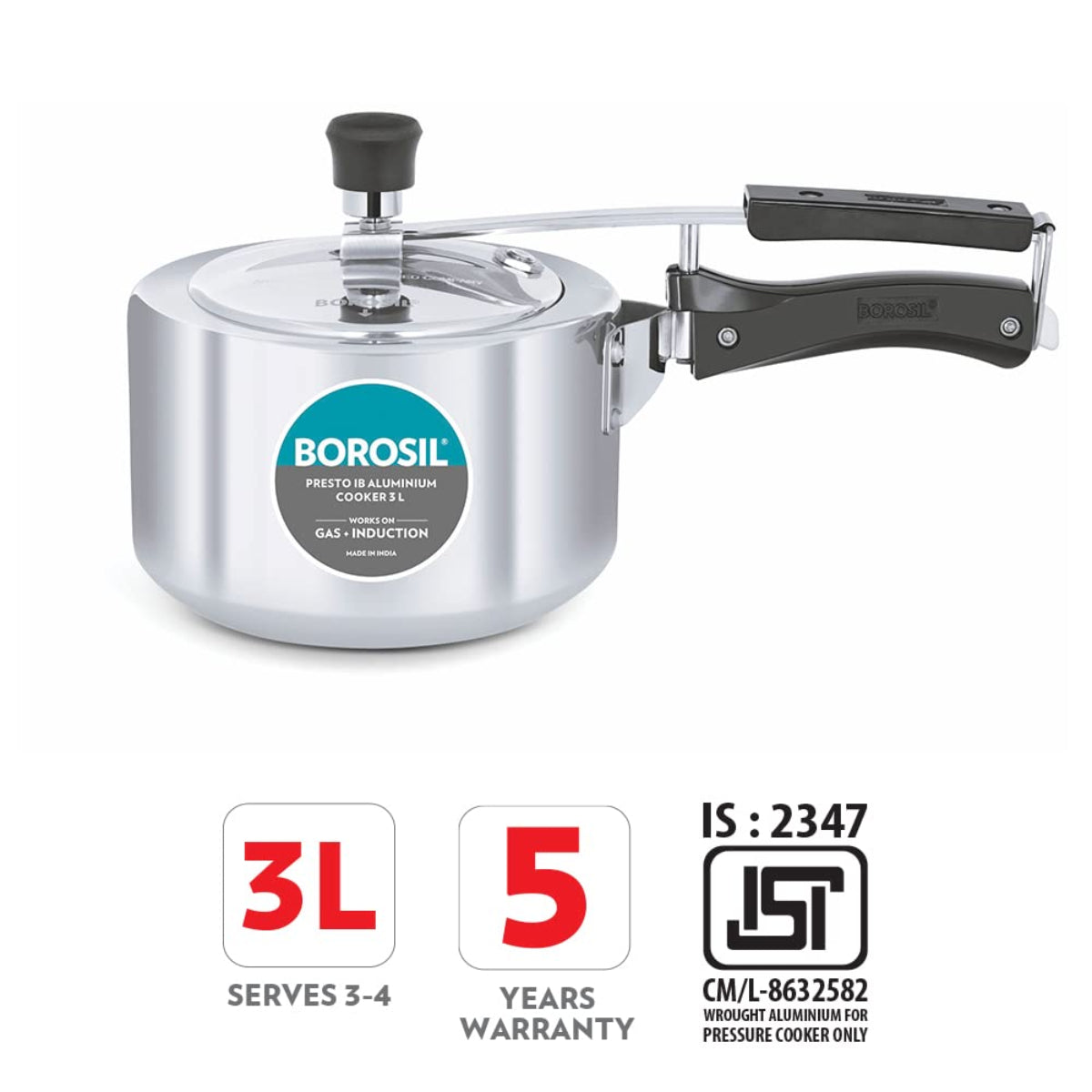 Borosil Presto Aluminum 3 Liter Inner Lid Pressure Cooker, Induction Base - CFPC3LAL02