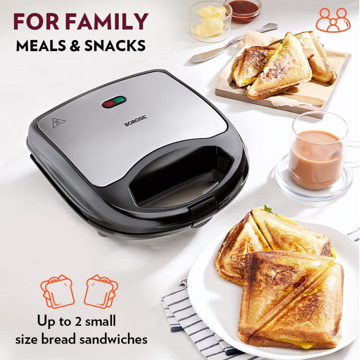 Borosil 700 Watts Neo Sandwich Maker | Opens 90° , 2 Sandwiches - BSM70NDS15
