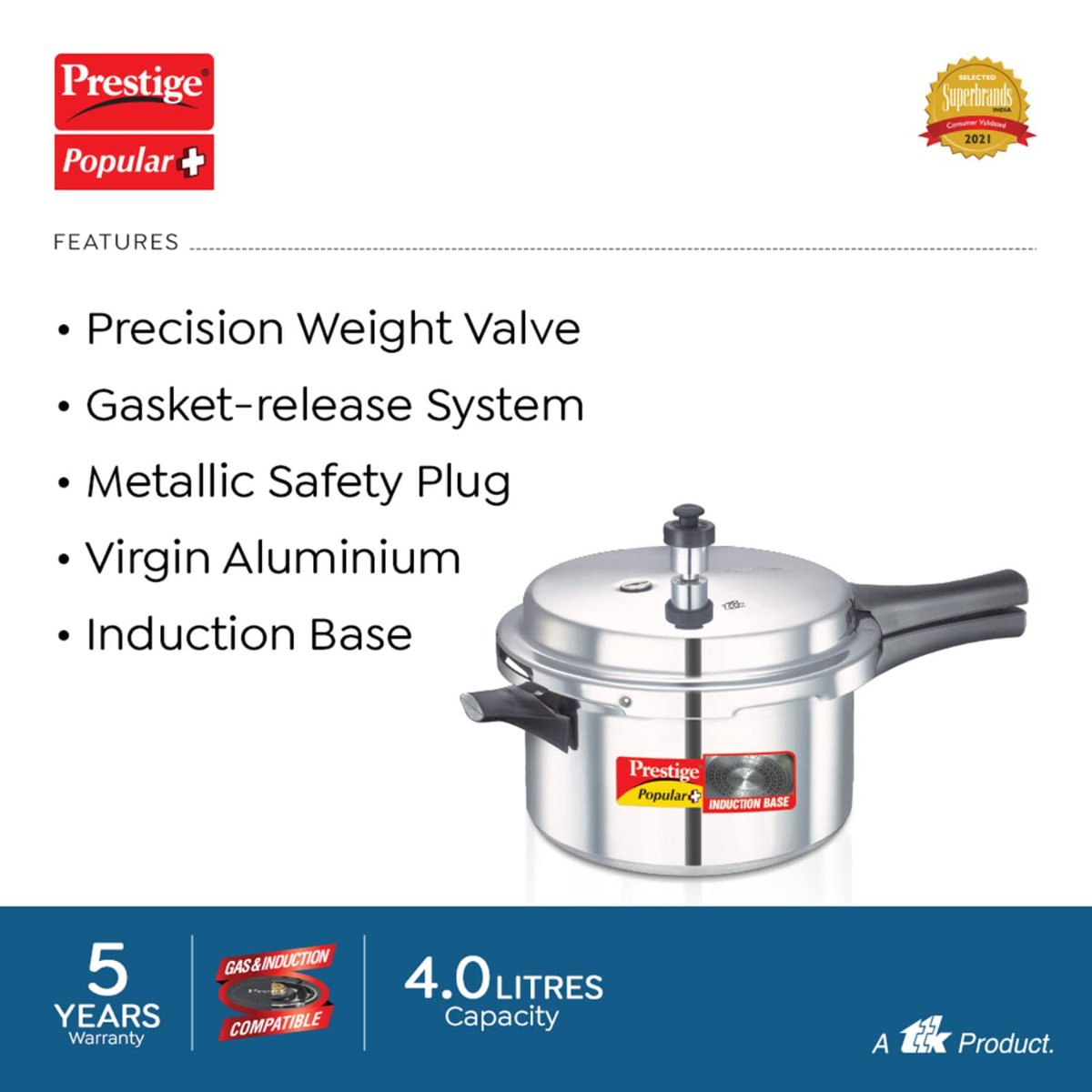 Prestige Popular Plus Virgin Aluminium 4 Liter Pressure Cooker - 10202