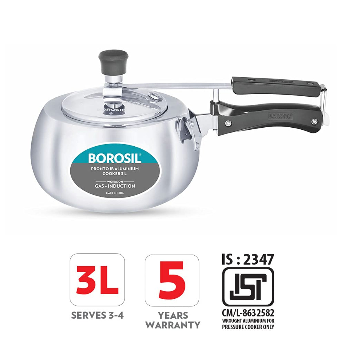 Borosil Pronto Aluminum 3 Liter Inner Lid Pressure Cooker, Induction Base - CFPC3LAL06
