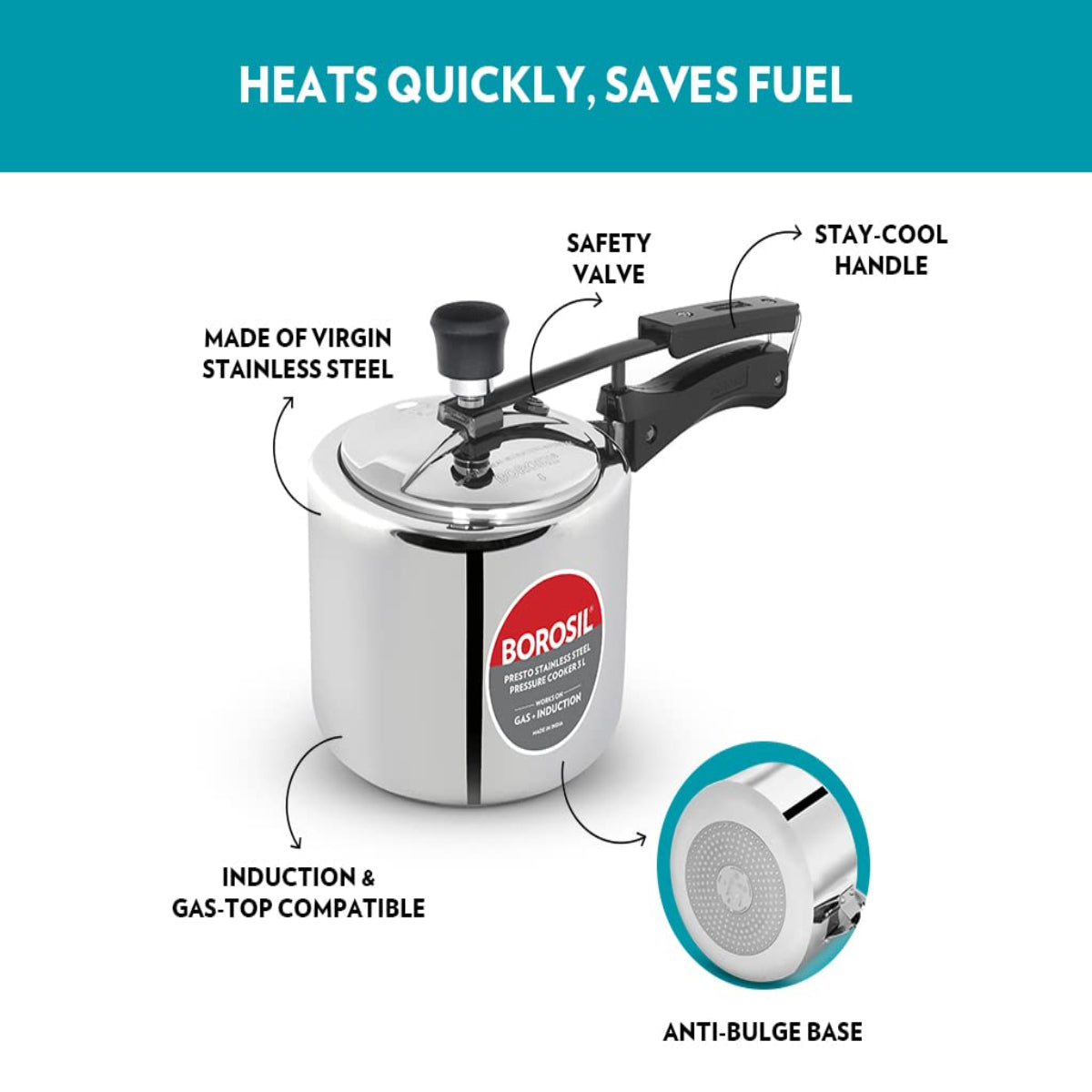 Borosil Presto Stainless Steel Inner Lid 3L Pressure Cooker, Induction - CFPC3LSS01S