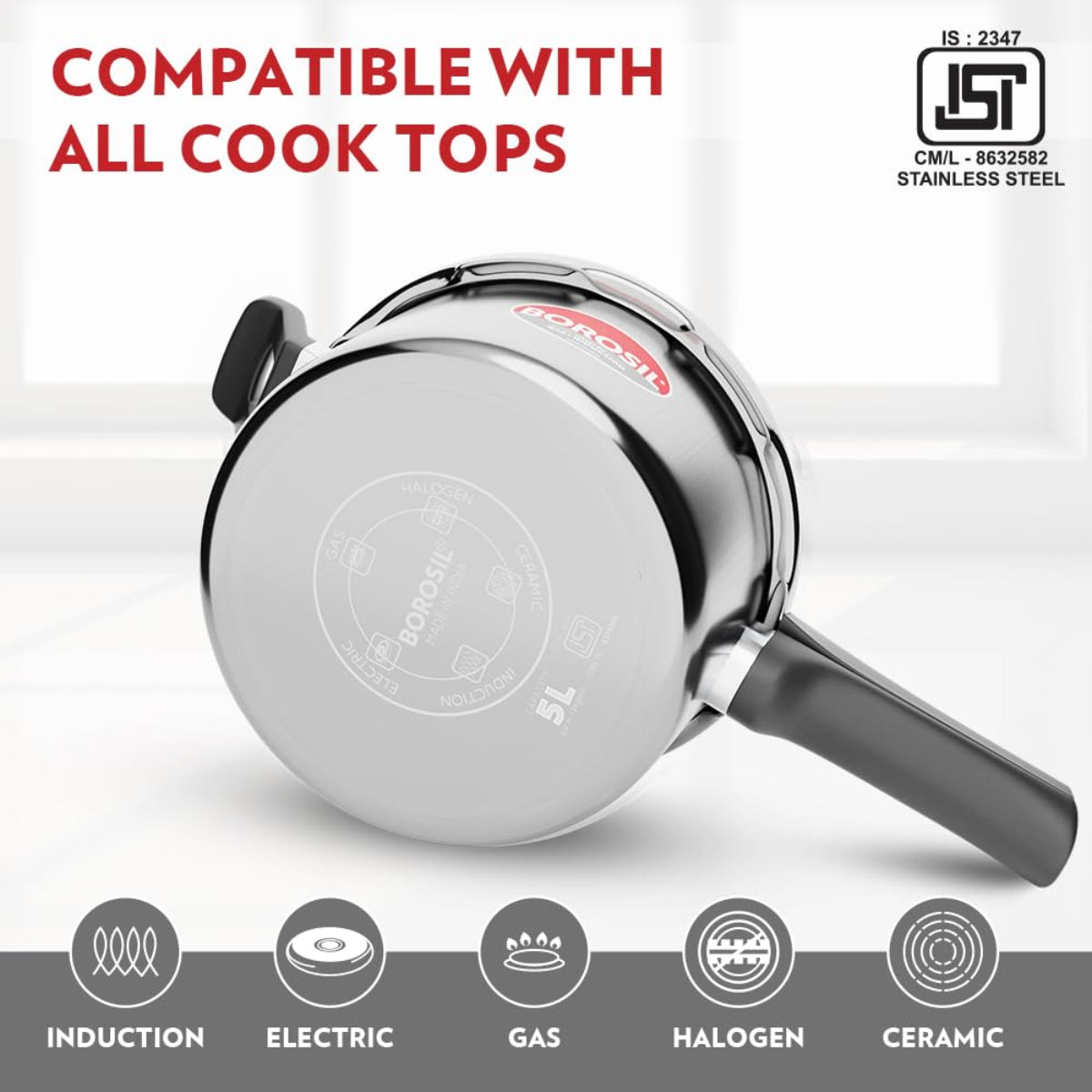 Borosil Presto Triply Stainless Steel Outer Lid 5L Pressure Cooker, Induction - CFTPLYOLC02