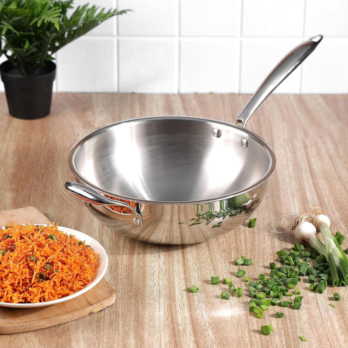 Vinod Platinum Triply Stainless Steel Wok - 3 Litre, 26 cm | Induction Base, Silver - PTWK26
