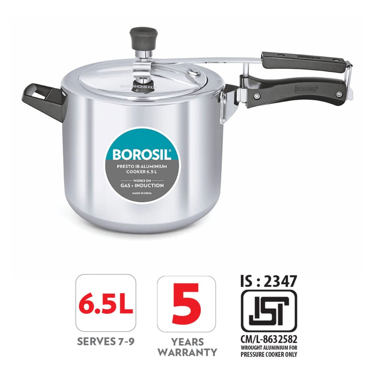Borosil Presto Aluminum 6.5 Liter Inner Lid Pressure Cooker, Induction Base - CFPC7LAL04