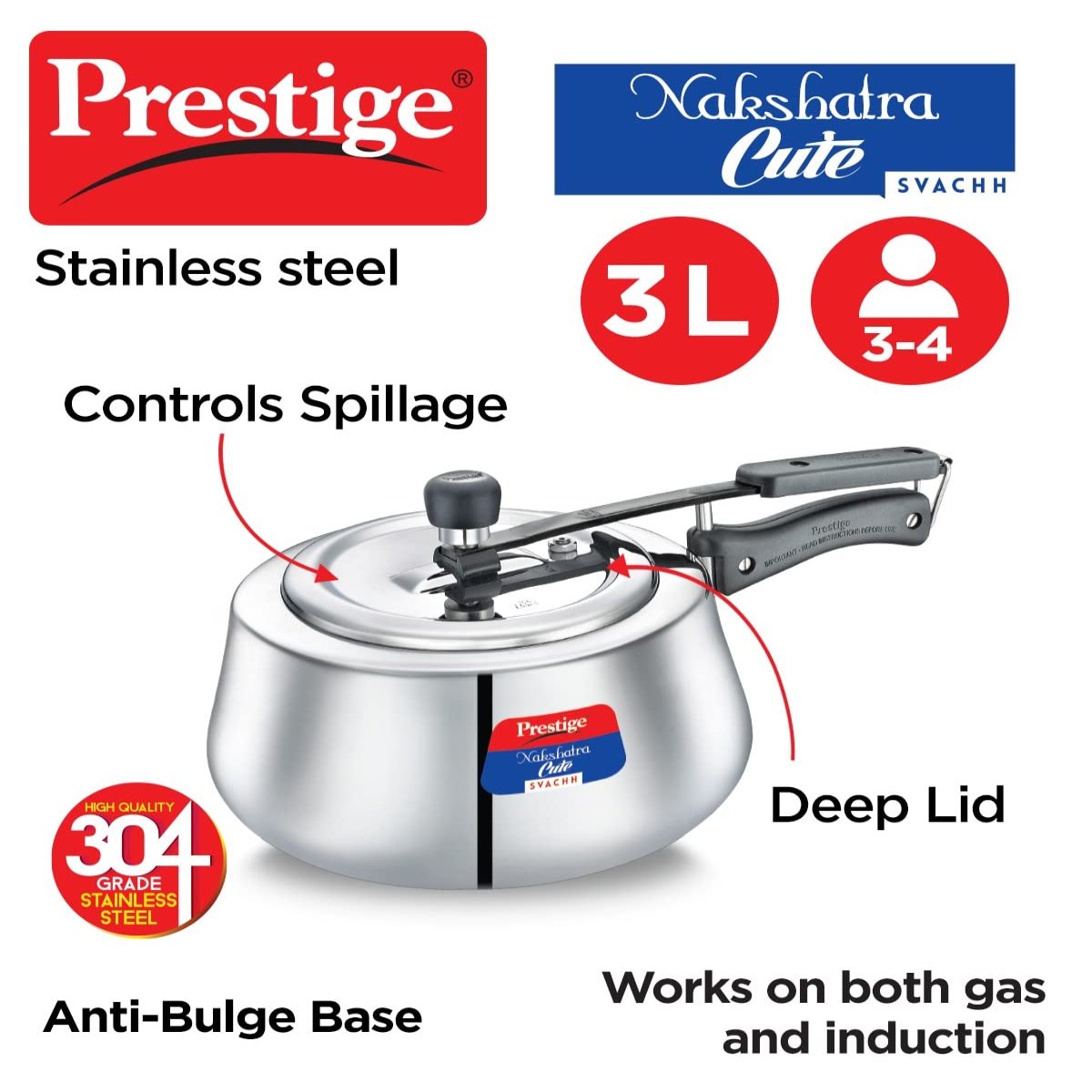 Prestige Nakshatra Cute Svachh Stainless Steel 3 Liter Pressure Cooker 20148