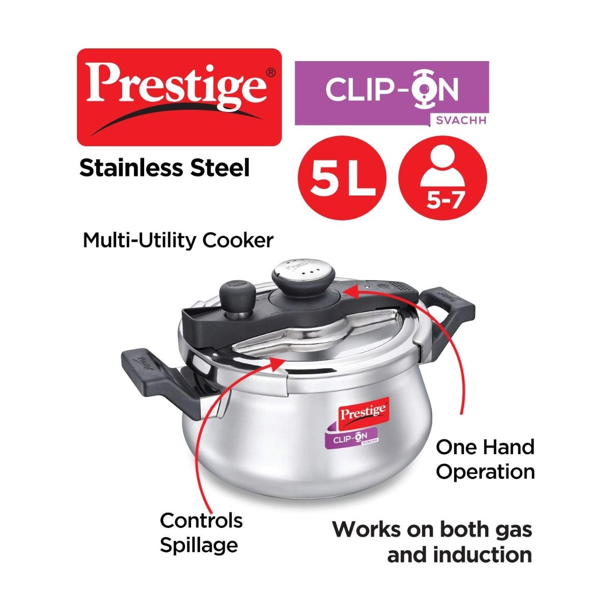 Prestige Svachh Clip-on 5 Ltr Stainless Steel Handi Pressure Cooker - 20233