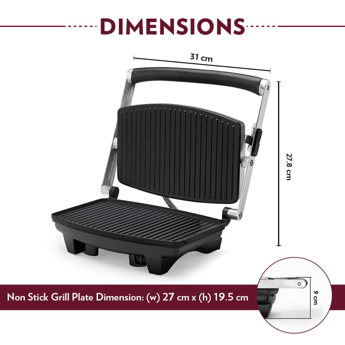 Borosil 1000 Watts Jumbo Grill Sandwich Maker | Opens 105° , 2 Sandwich - BGRILLSS22