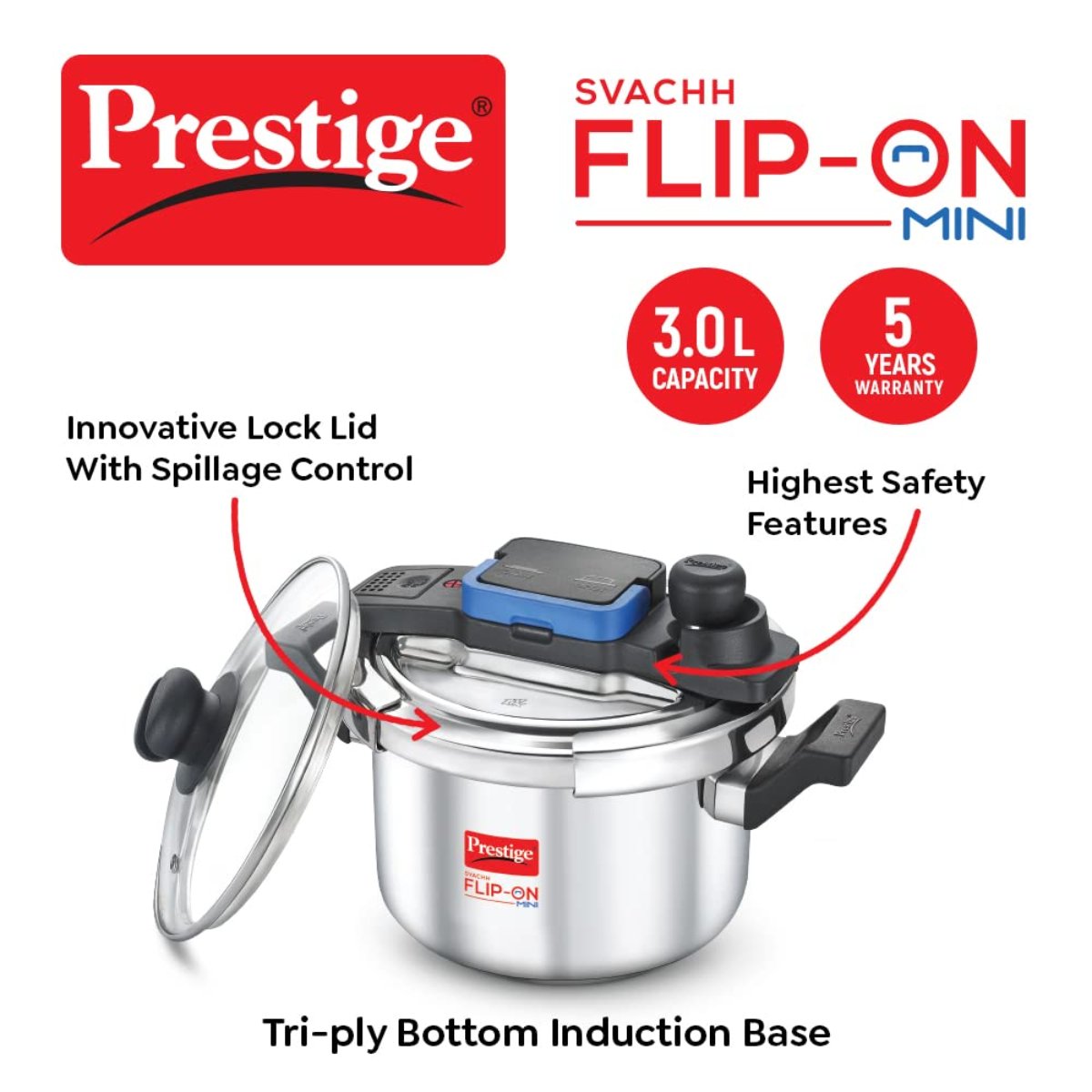 Prestige Svachh FLIP-ON Mini 3 Liter Stainless Steel Pressure Cooker with Glass Lid - 20165