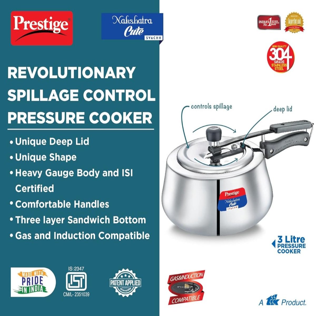 Prestige Nakshatra Cute Svachh Stainless Steel 3 Liter Pressure Cooker 20148