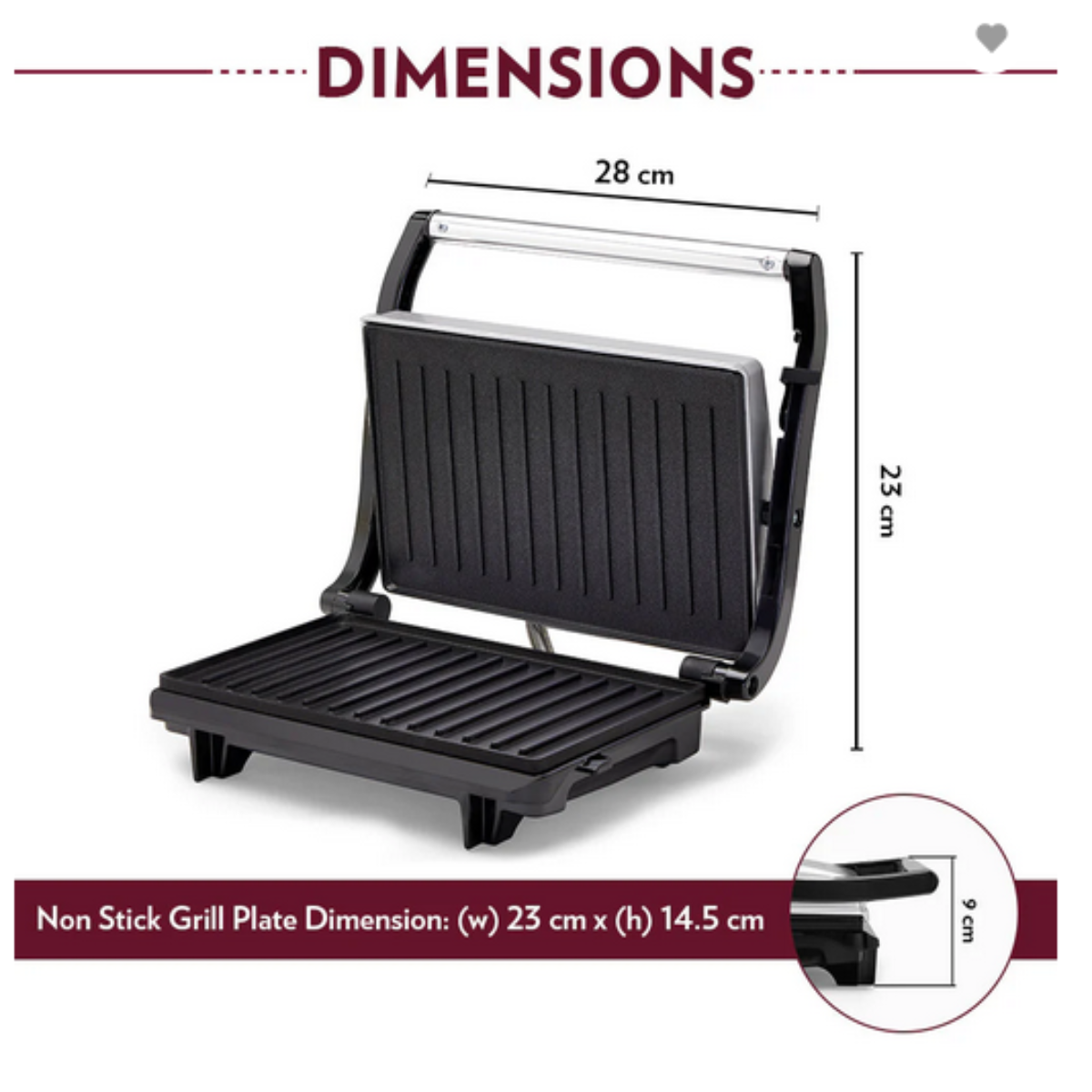 Borosil 700 Watts Prime Grill Sandwich Maker | Opens 90° , 2 Sandwich - BGRILLPS11