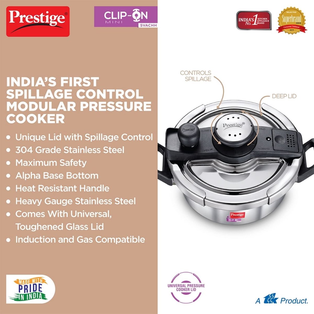 Prestige Clip On Mini Savchh Stainless Steel 2 Liter Pressure Cooker - 20237