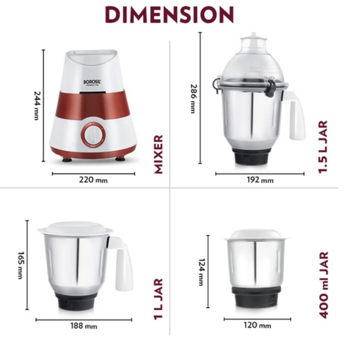 Borosil Supermax Mixer Grinder 750 Watts with 3 Stainless Steel Jars, Red - HAMG750W28