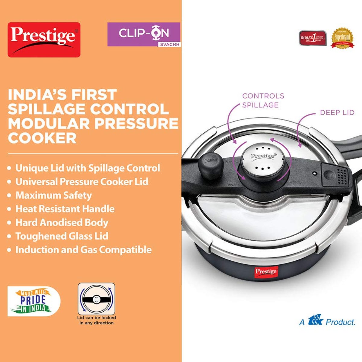 Prestige Savchh Clip-On Outer Lid Hard Anodised 3 Liter Pressure Cooker with Glass Lid - 20241