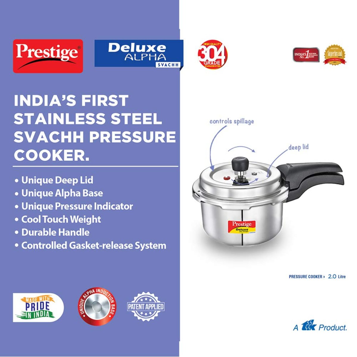 Prestige Svachh Deluxe Alpha 2L Spillage Control Pressure Cooker 20247