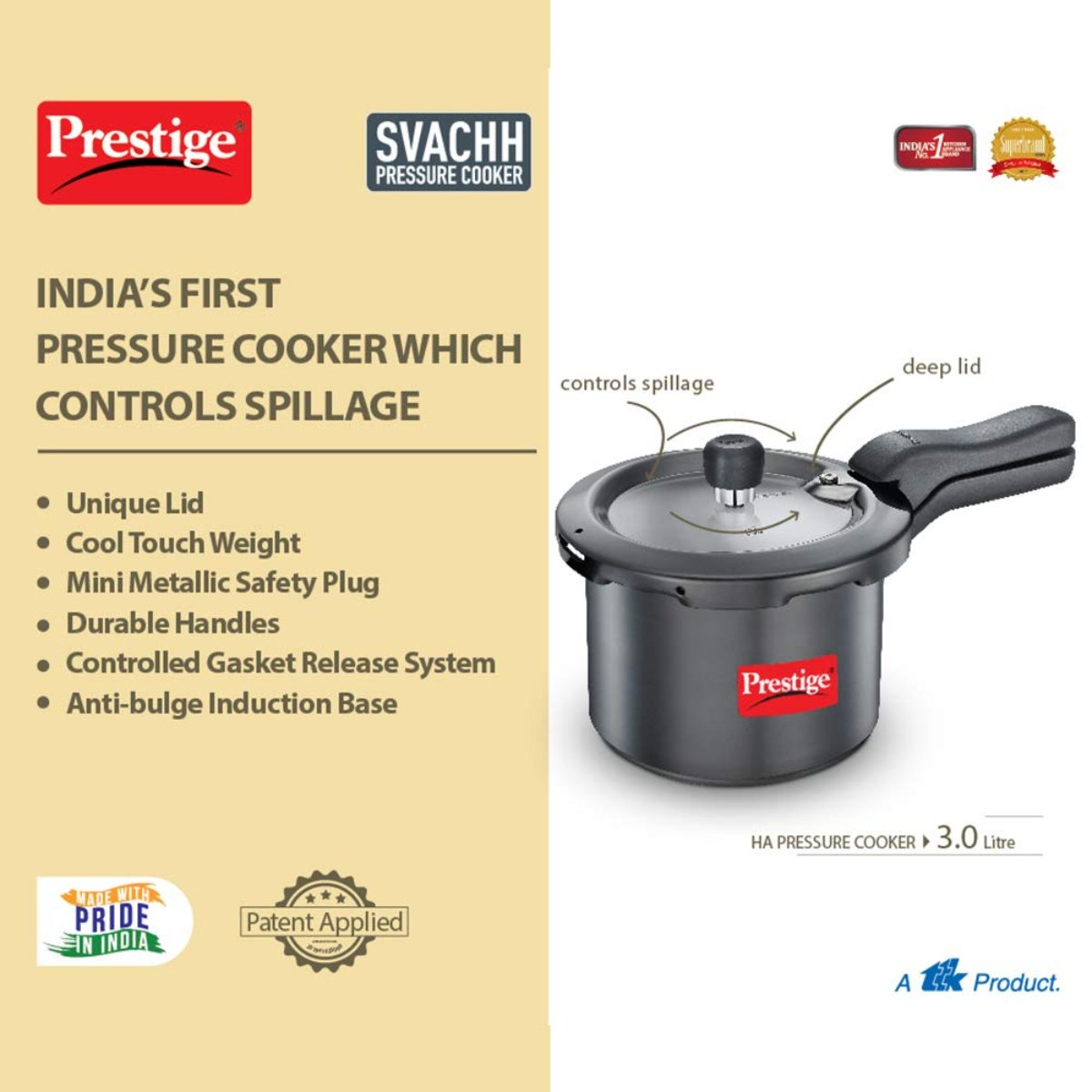 Prestige Svachh Hard Anodised 3L Outer Lid, Pressure Cooker, Black - 20223