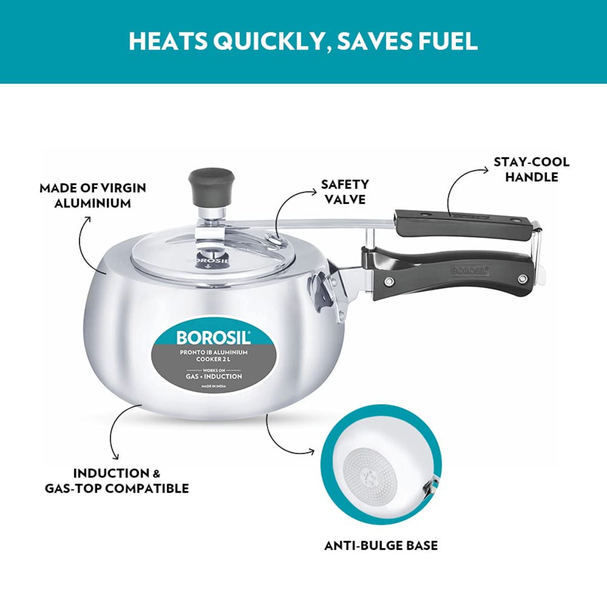 Borosil Pronto Aluminum 2 Liter Inner Lid Pressure Cooker, Induction Base - CFPC2LAL05