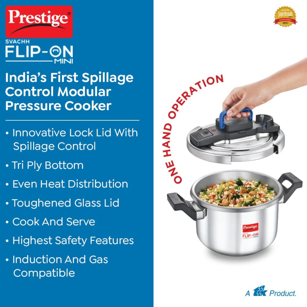 Prestige Svachh FLIP-ON Mini 3 Liter Stainless Steel Pressure Cooker with Glass Lid - 20165