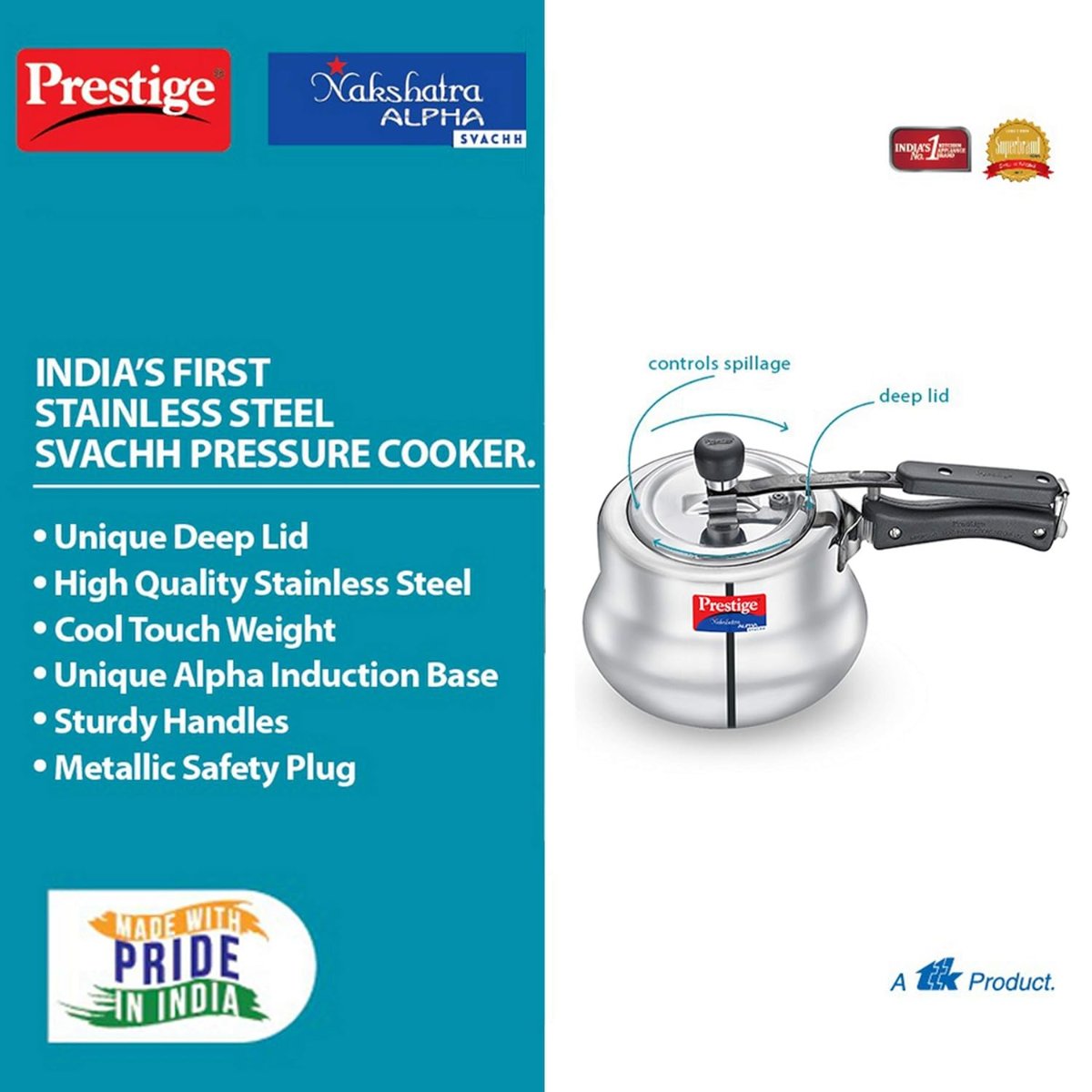 Prestige Svachh Nakshatra Alpha Stainless Steel 3.5 Liter Handi Pressure Cooker, Silver - 20257
