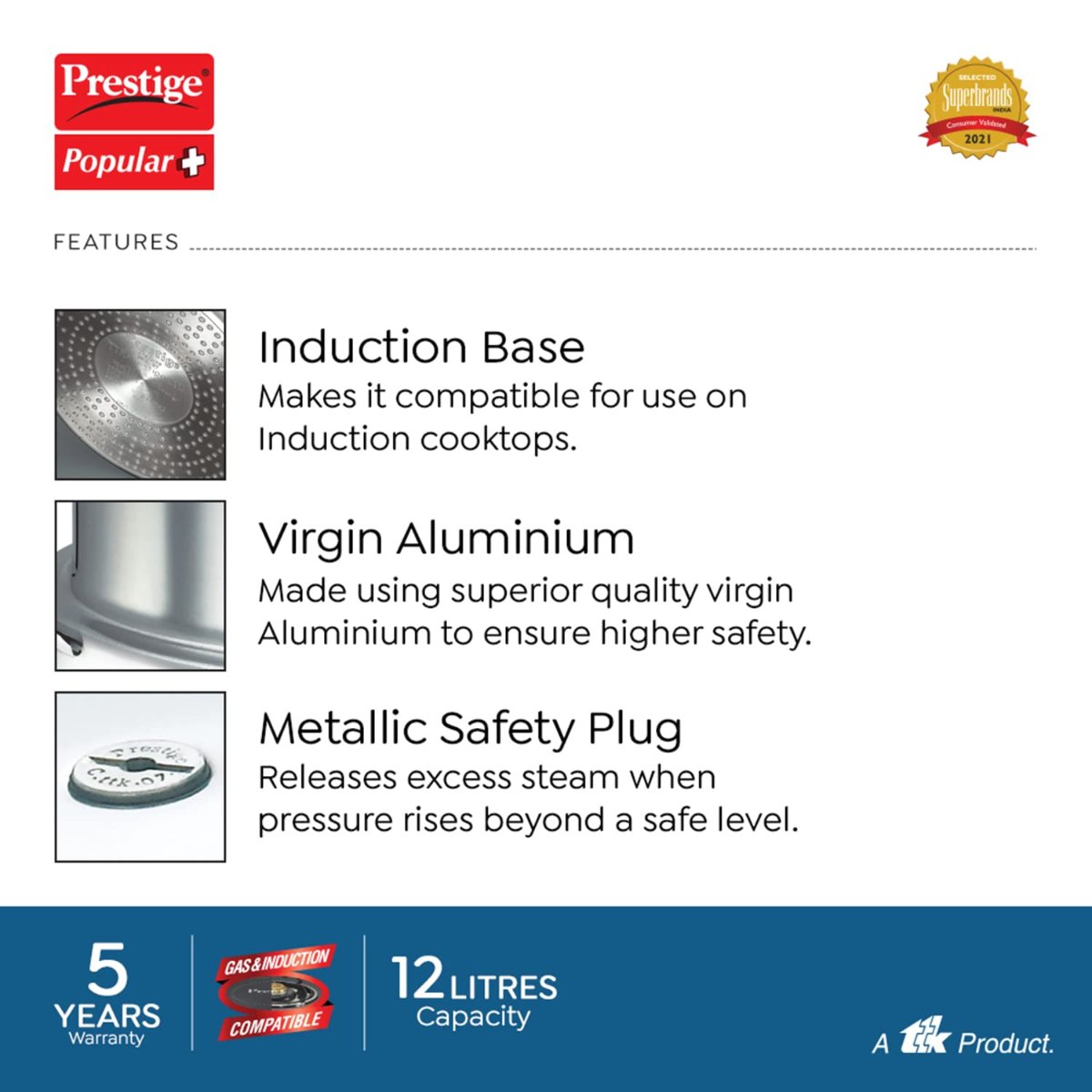 Prestige Popular Plus Virgin Aluminium Outer Lid 12 Liter Pressure Cooker - 10210