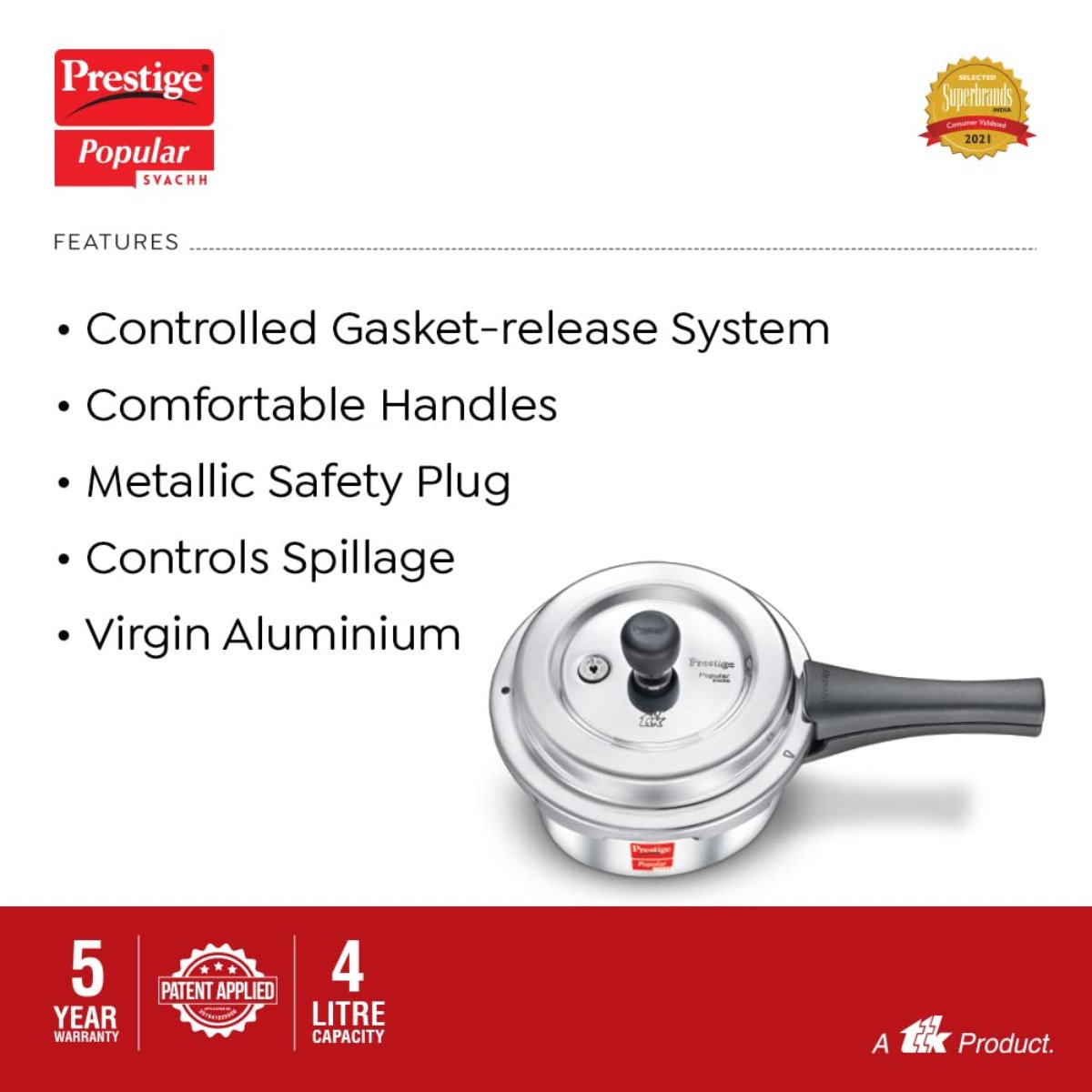Prestige Popular Svachh Aluminium Outer Lid 4 Liter Pressure Cooker, Silver - 10166