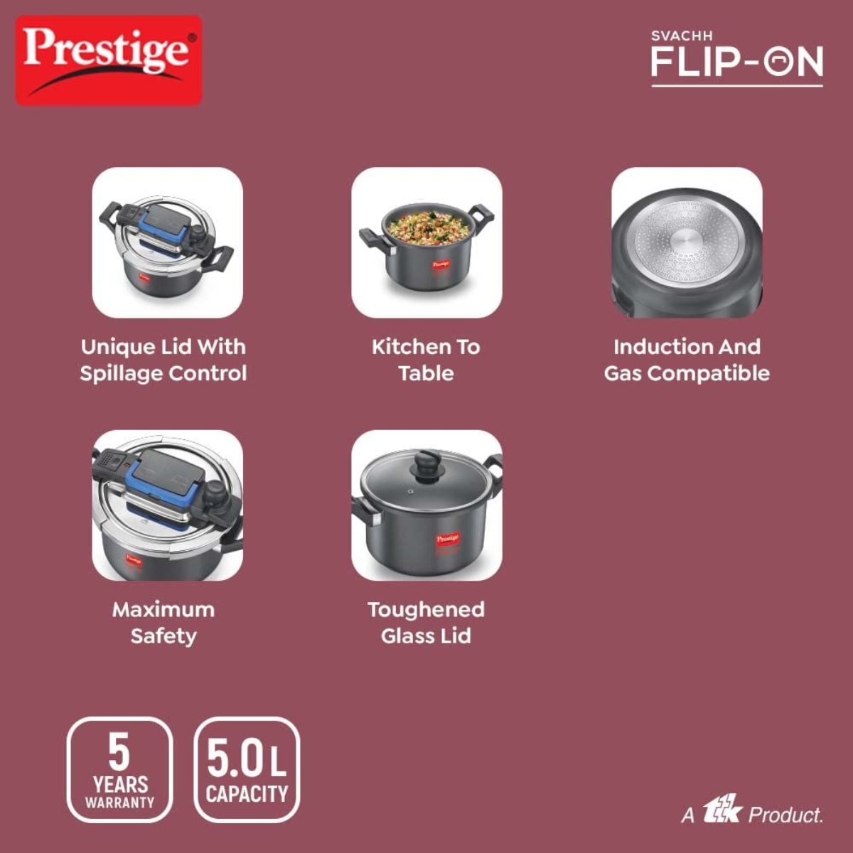 Prestige 5L Svachh FLIP-ON Hard Anodised Pressure Cooker with Glass Lid